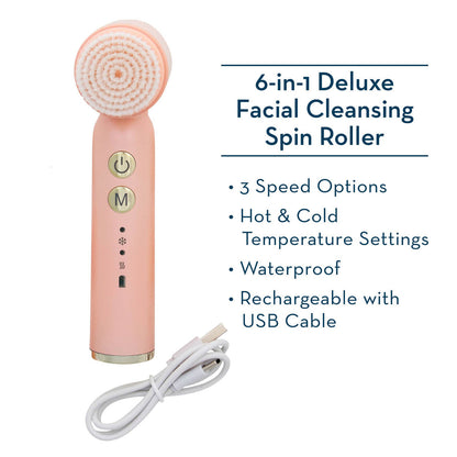 Pink 6-in-1 Deluxe Facial Cleansing Spin Roller Description