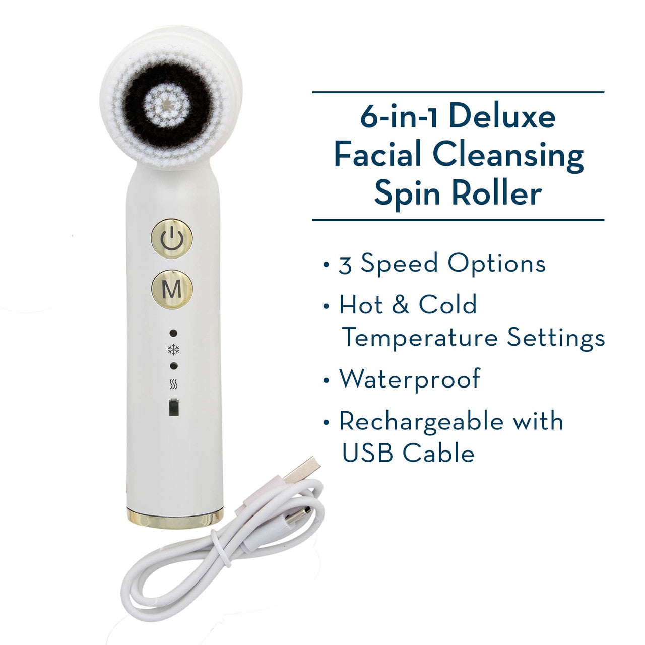 White 6-in-1 Deluxe Facial Cleansing Spin Roller Description
