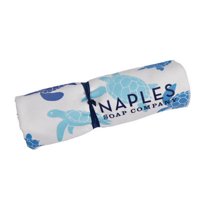 White with Blue Sea Turtles Microfiber Quick Dry Beach Towel Rolled